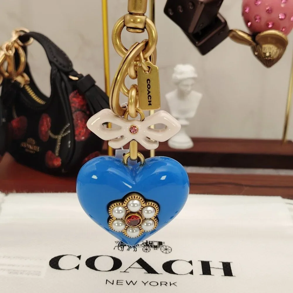 Coach Blue Heart Bag Charm Keychain with Pearl Flower and Pink Bow - Picture 6 of 7
